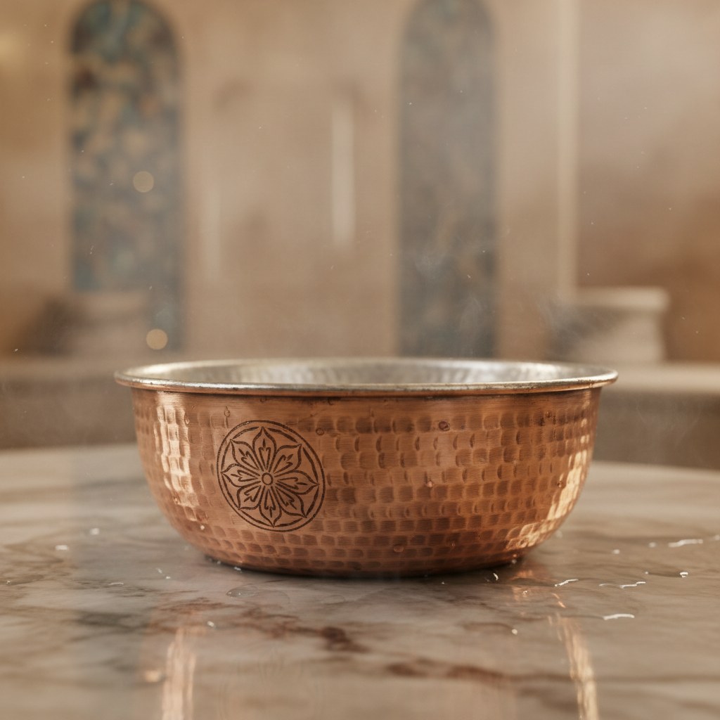 Göbekli tablalı, çekiç izli el dövme bakır hamam tası